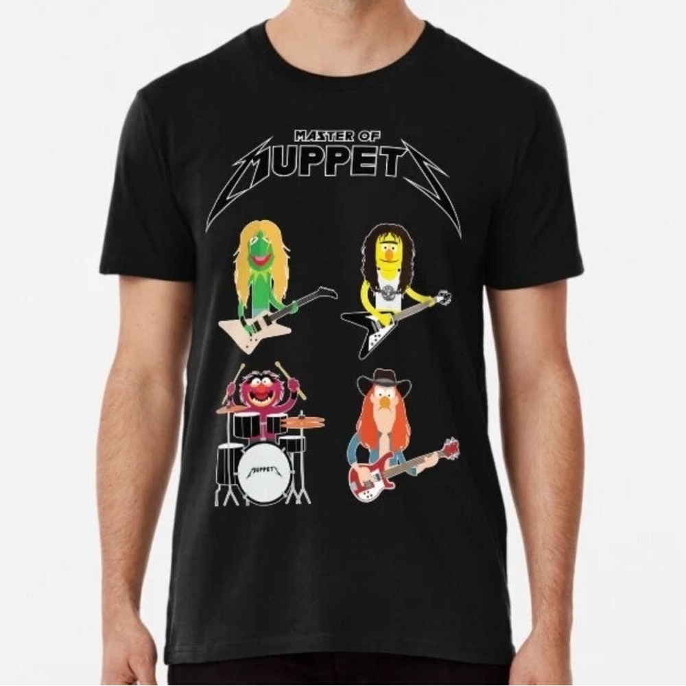 Black Short Sleeve Tee with Cartoon Band Design